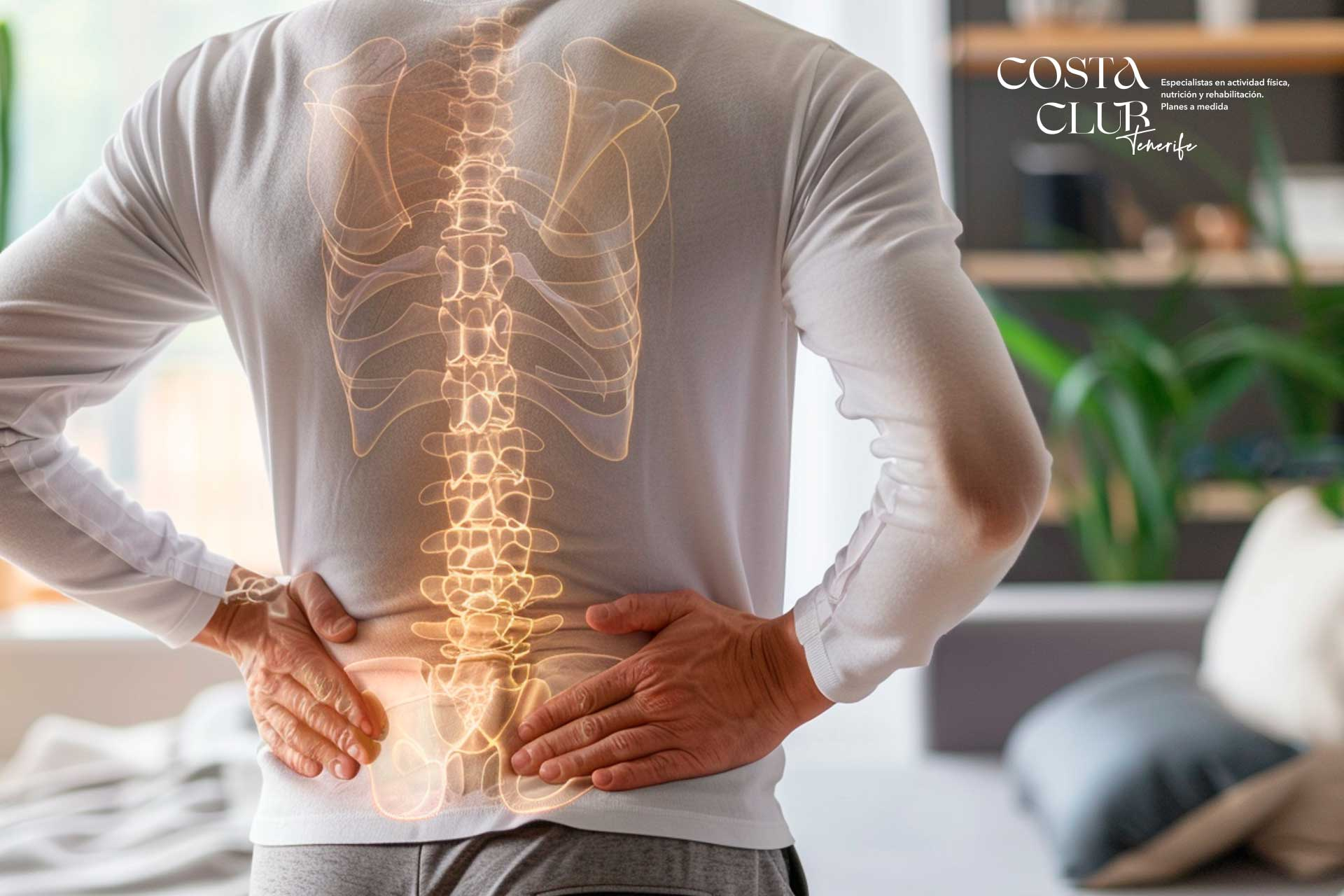 Person seen from behind with a glowing spine overlay on their back, hands on hips; Costa Club Tenerife logo in the background.