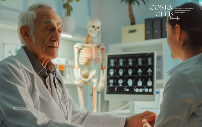 diferencia-entre-artritis-y-artrosis - Costa Club Tenerife Senior doctor in a white coat consults with a patient in a clinic, with medical monitors and a skeleton model in the background.