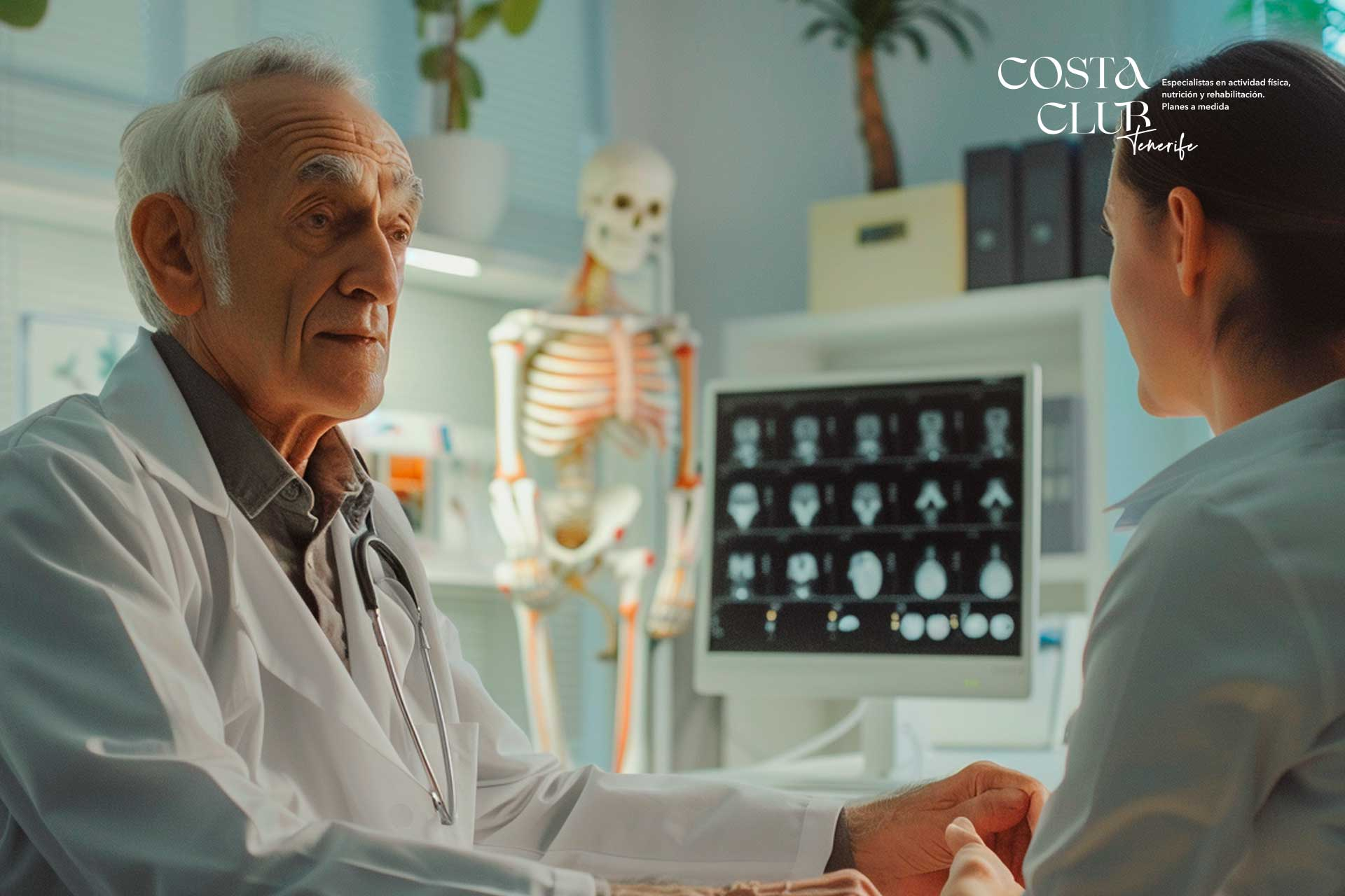diferencia-entre-artritis-y-artrosis - Costa Club Tenerife Senior doctor in a white coat consults with a patient in a clinic, with medical monitors and a skeleton model in the background.